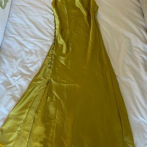 Satin Olive Green Maxi Slip Dress with Side Button Detail